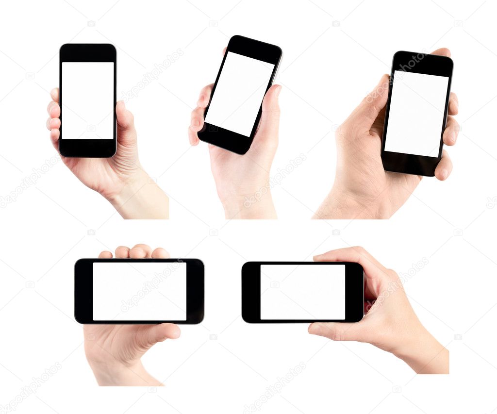 Set Of Mobile Smart Phone With Blank Screen In Hand