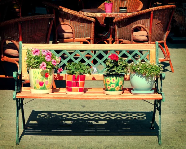 Retro bench. Flowers in pots — Stock Photo, Image
