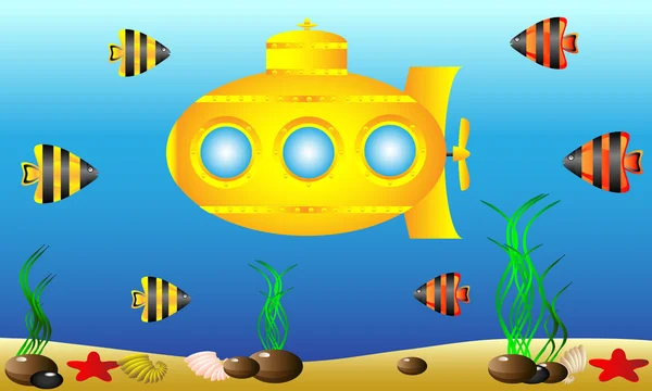 Sottomarino giallo sott'acqua — Vettoriale Stock