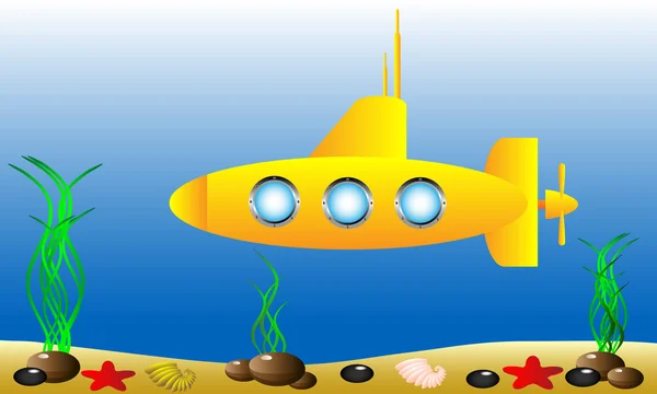 Yellow submarine under water — Stock Vector