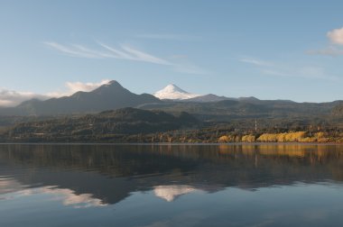 Reflection of the Volcano Villarica on the coñaripe city lake