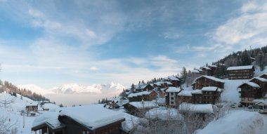 Morning Panorama from La Plagne 1800 (France) and the Mont-Blanc clipart