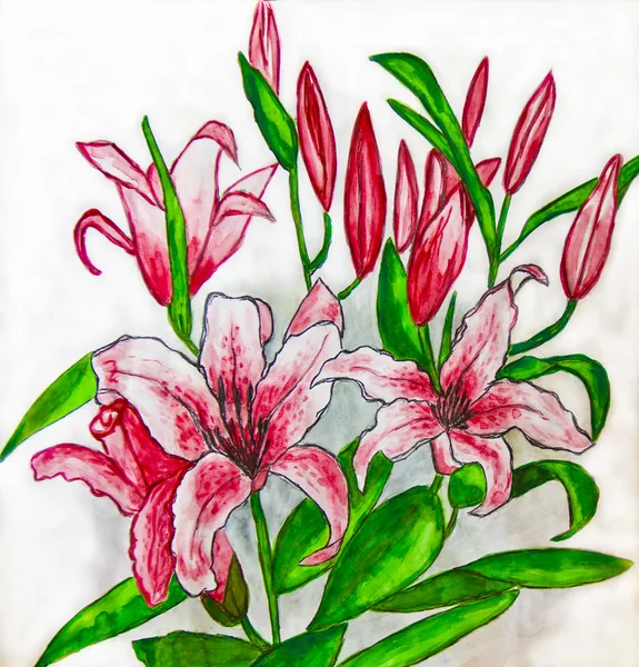 Pink lilies, painting — Stock Photo, Image