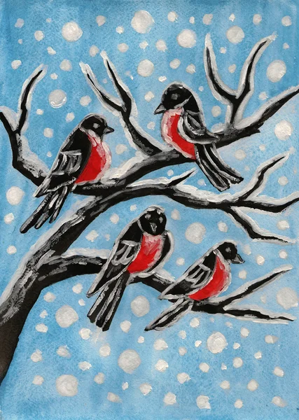 Bullfinches no ramo, pintura — Fotografia de Stock