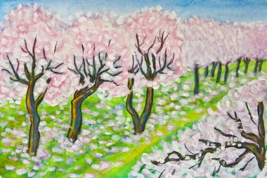 Pink cherry garden in blossom clipart