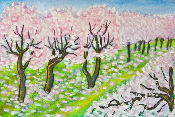 Jardín de cerezos rosados en flor — Foto de Stock