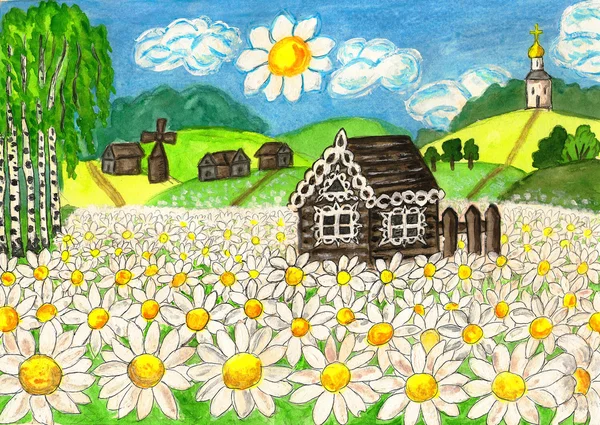 House with camomiles, painting — Stock Photo, Image