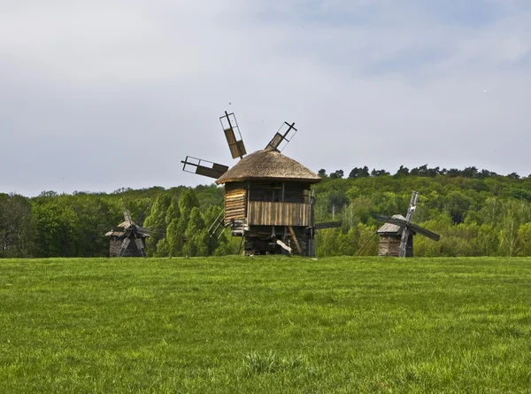 Wooden windmills on green meadow — Stock Photo, Image