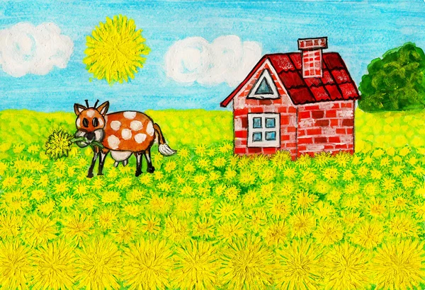House with dandelions, painting — Stock Photo, Image
