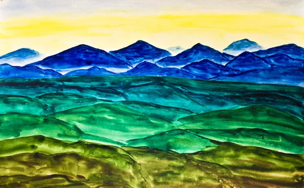 Hand painted picture, watercolours, blue hills — Stock Photo, Image