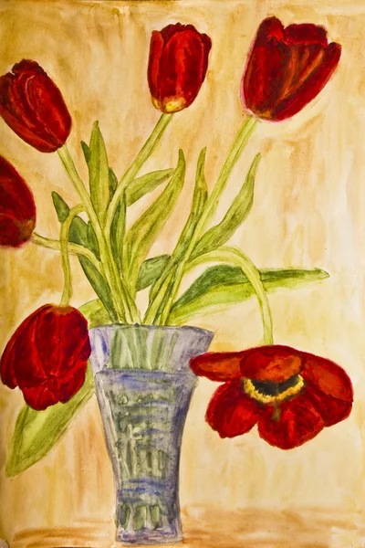 Cuadro pintado a mano, tulipanes en jarrón — Foto de Stock