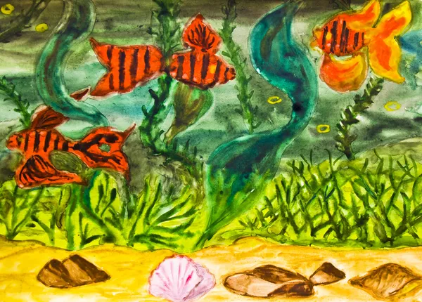 Hand painted picture, red fishes — Stock Photo, Image