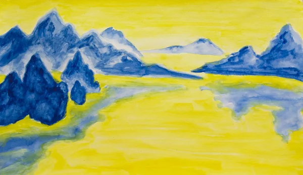 Handgemaltes Bild, blaue Hügel auf gelbem Hintergrund — Stockfoto