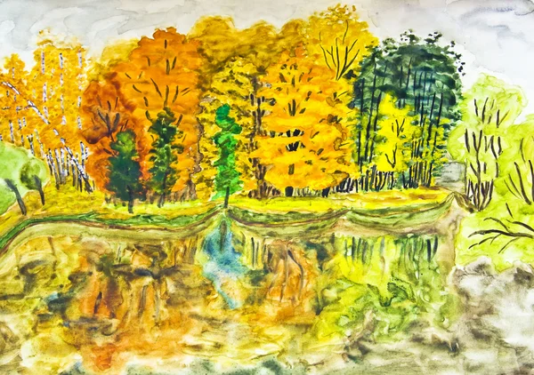 Cuadro pintado a mano, paisaje de otoño —  Fotos de Stock
