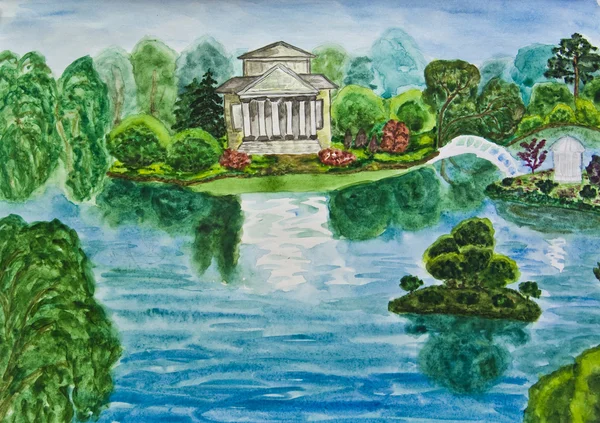 Ручна розписана картина, будинок з озером — стокове фото