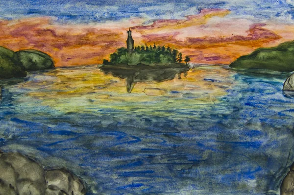 Hand painted picture - island with church on sunset. — Stock Photo, Image