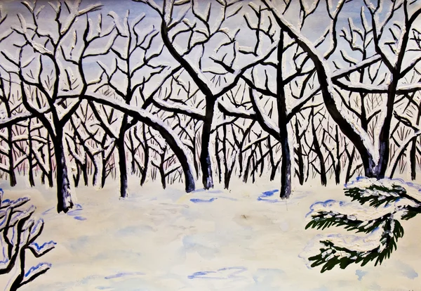 手描きの画像、水彩画、冬の森 — ストック写真