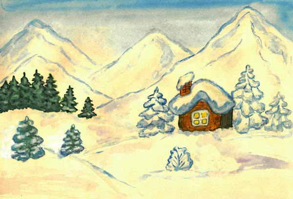 Litet hus i fjell, maleri – stockfoto