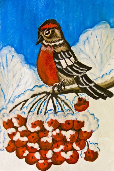Domherre på gren av ashberry träd, målning — Stockfoto