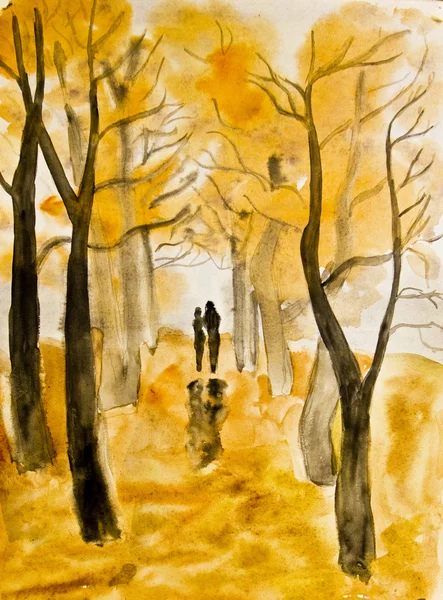 Couple on autumn alley, painting — Stock Photo, Image