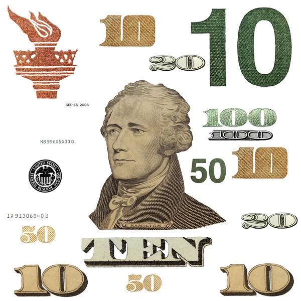 Банкнота 10 доларів, елементи фотодоларів ізольовані на білому тлі — стокове фото