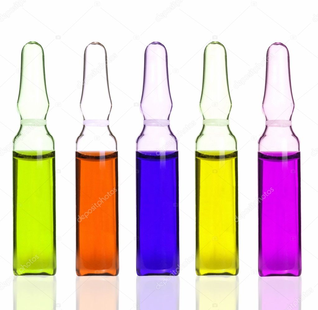 Colorful collection medical ampoules with colorful reflection