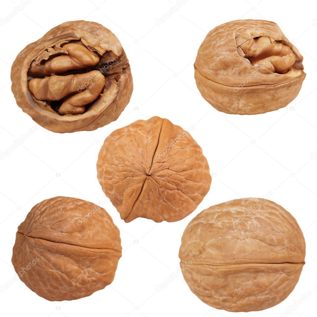 Set Walnuts and cracked walnut isolated on white background