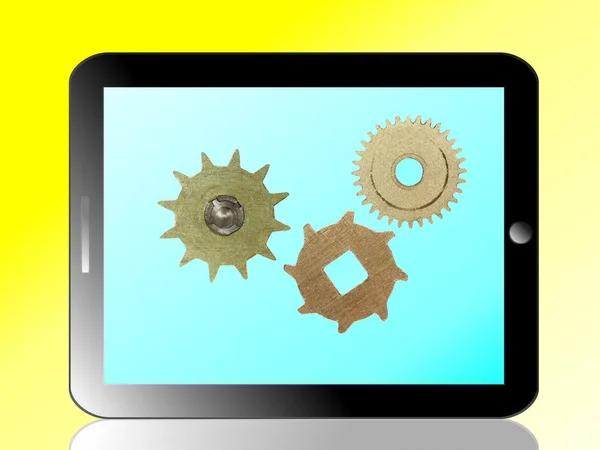 3d Black tablet pc with gears mechanism on white background — Stock Photo, Image