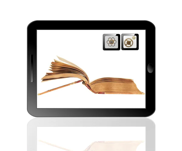Black tablet pc and book on white background — Stock Photo, Image