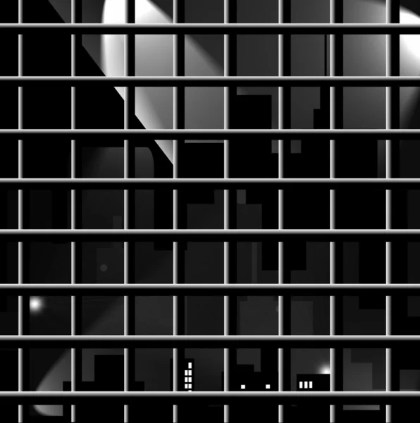 Janela da prisão com vista noturna da cidade — Fotografia de Stock