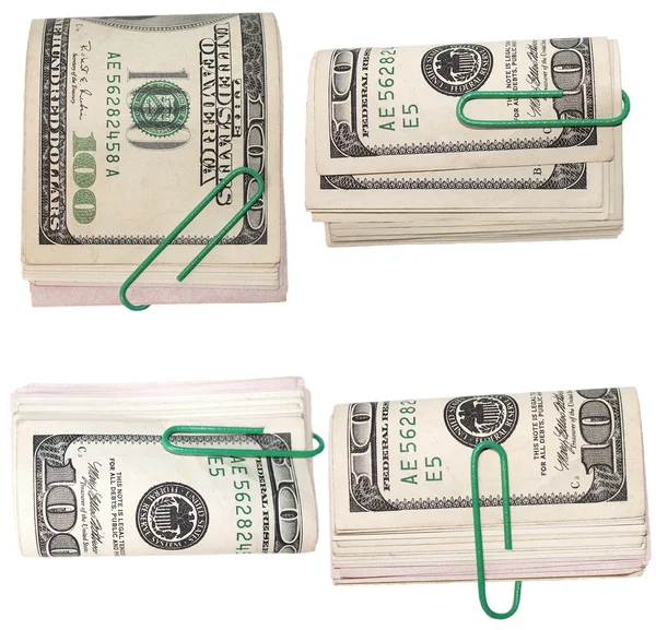 Set pack $100 notas de dólar e clipe de papel isolado em branco — Fotografia de Stock