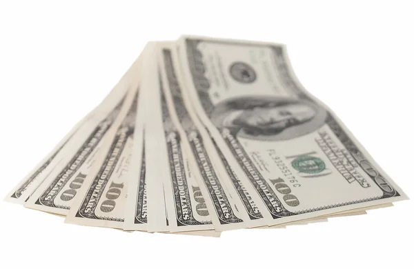 Pilha de notas de cem dólares isoladas em fundo branco — Fotografia de Stock
