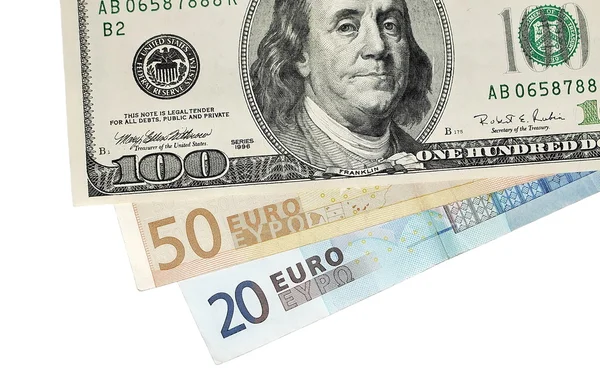 Euro- und Dollar-Banknoten isoliert auf weißem Grund — Stockfoto