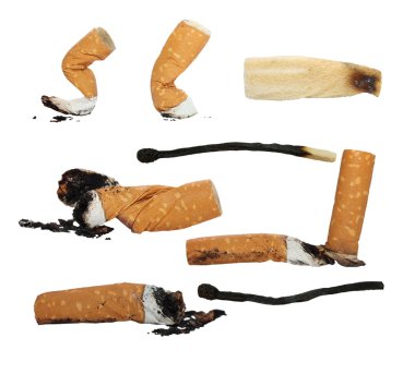 Set Cigarette butts, burned match, isolated on white clipart