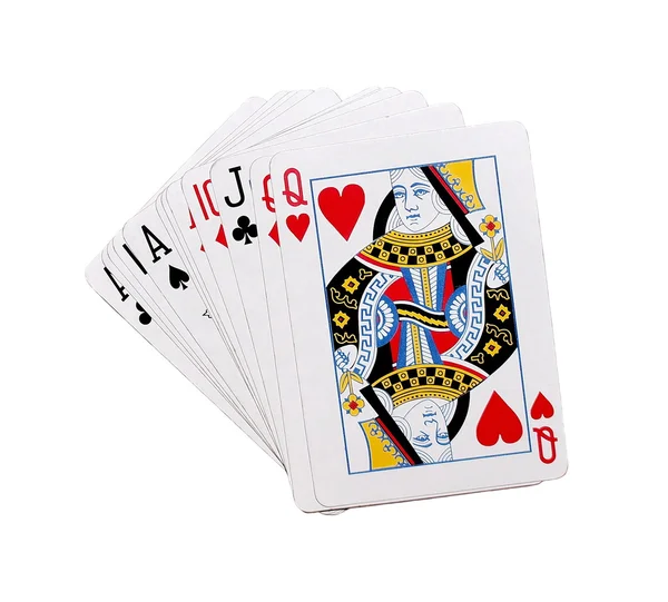 Jogar cartas jogo de poker no fundo branco com caminho de recorte — Fotografia de Stock