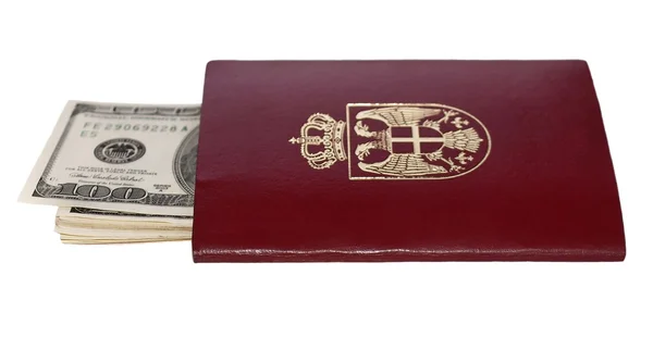 생체 인식 여권 및 흰색 배경에 고립 된 100 달러 지폐 — 스톡 사진