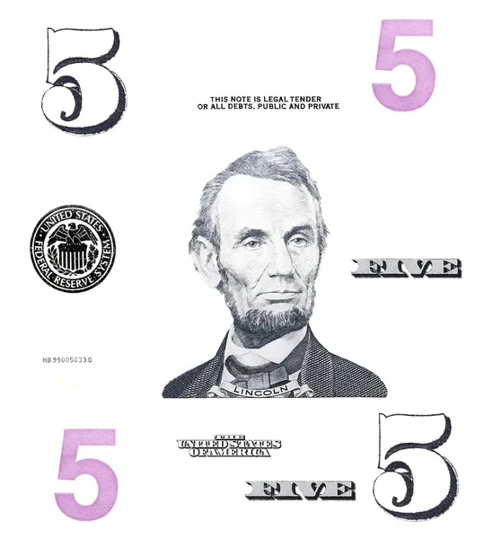 Szczegółowy zestaw 5 dolarów dolarów, z lincoln, na białym tle — Zdjęcie stockowe