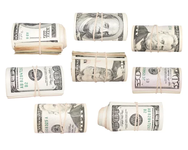 Roll dollars geïsoleerd op wit, met uitknippad instellen. — Stockfoto