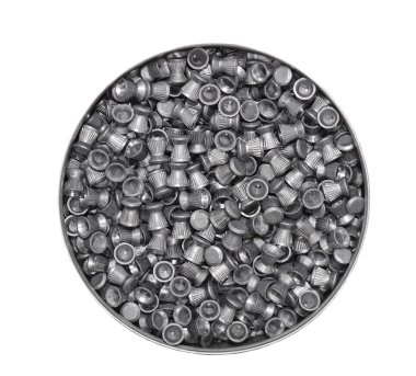 Aluminum can of lead pellets isolated on white clipart