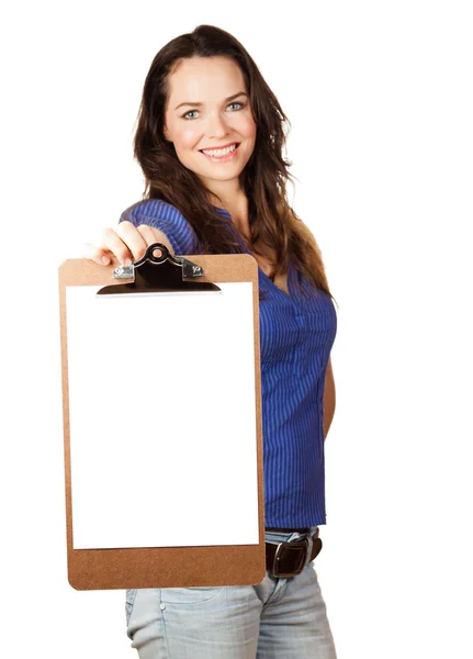 Krásná žena, držící se na prázdné schránky — Stock fotografie