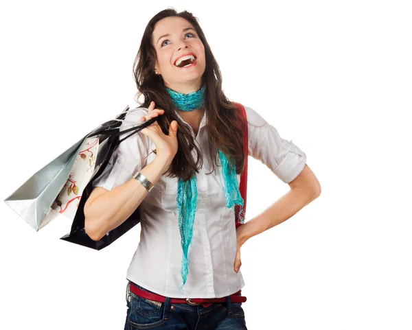 Очень счастливая женщина за покупками — стоковое фото