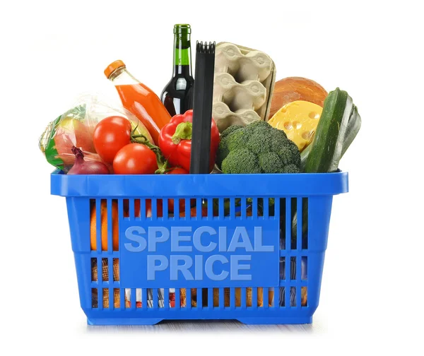 Shopping basket and groceries isolated on white — Stock Photo, Image