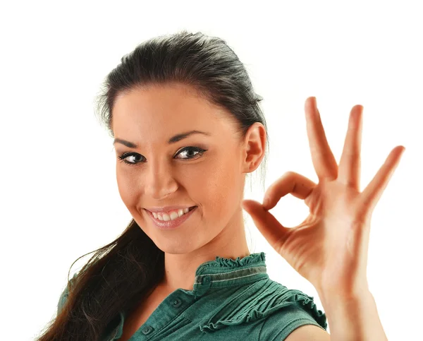 Young attractive woman showing ok isoleated on white — Stock Photo, Image