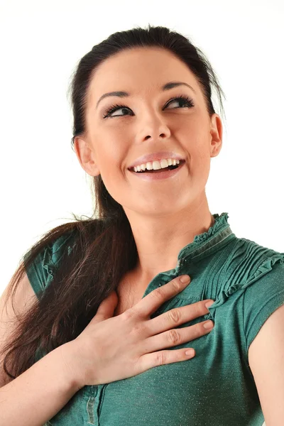 Boldog kaukázusi nő portréja. Mosolygó fiatal nő — Stock Fotó