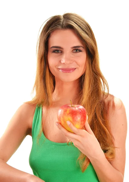 Kırmızı olgun elma elinde tutan genç güzel kadın — Stok fotoğraf