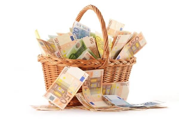 Composition with Euro banknotes in wicker basket — Stock Photo, Image