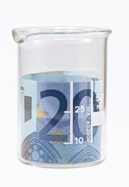 Twenty euro banknote in white beaker — Stock Photo, Image