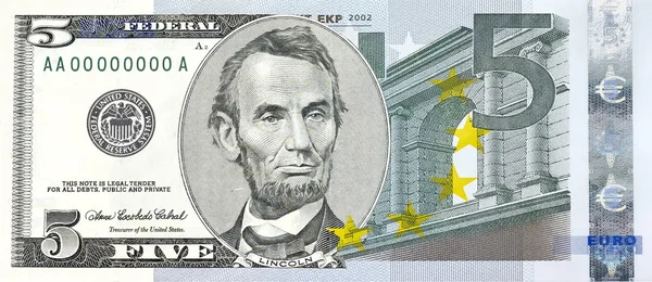 Materiaallijst voormalige vijf-dollarbiljet gecombineerd met vijf euro — Stockfoto