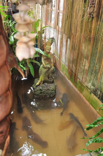 Nainen patsas kala allas puutarha käsite — kuvapankkivalokuva