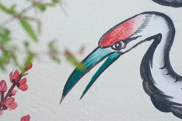 Pittura heron cinese su parete nel tempio cinese — Foto Stock
